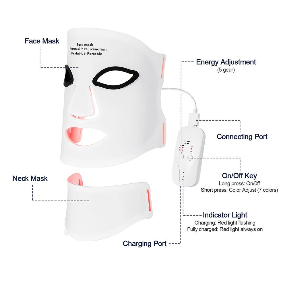 Masque LED en silicone Foreverlily pour le visage et le cou, 7 couleurs