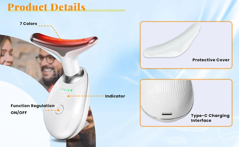 Appareil de beauté à LED 7 couleurs pour lifting du visage, rajeunissement de la peau du cou, masseur minceur, lifting, raffermissement, suppression des rides du visage
