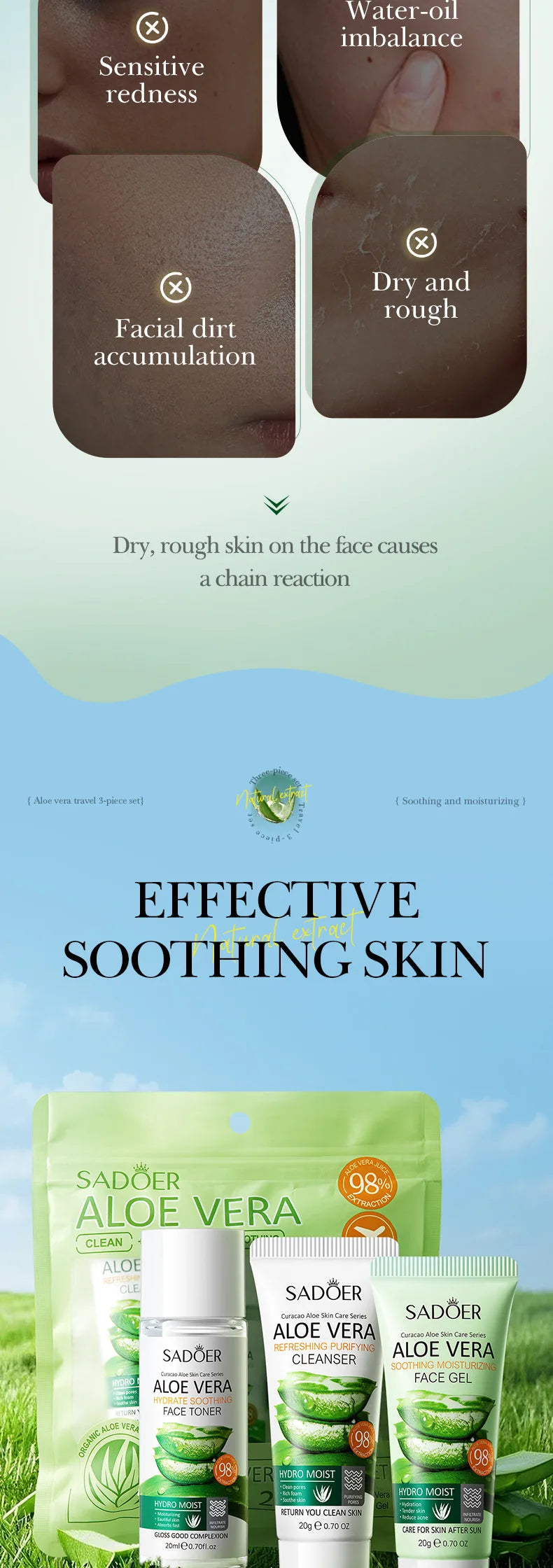 Ensemble de soins de la peau 3 pièces SADOER Aloe Vera