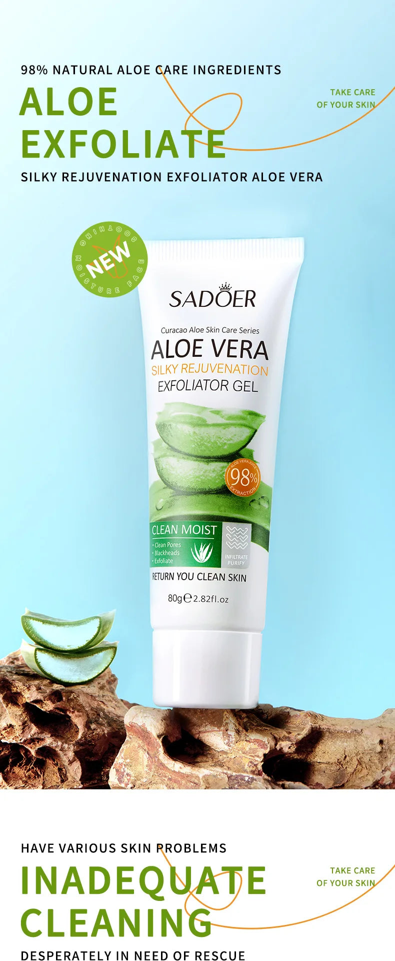 Gel exfoliant visage SADOER à l’Aloe Vera – Doux et purifiant, parfait pour les ados