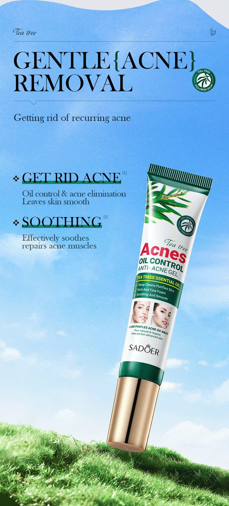 Gel crème hydratante SADOER au Tea Tree – Anti-acné et hydratante, idéale pour les adolescentes