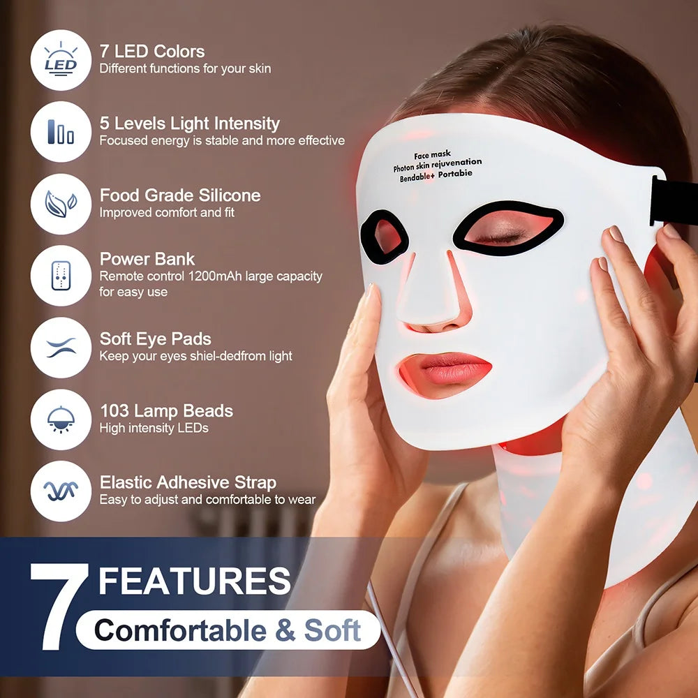 Masque LED en silicone Foreverlily pour le visage et le cou, 7 couleurs