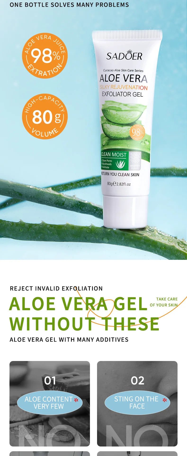 Gel exfoliant visage SADOER à l’Aloe Vera – Doux et purifiant, parfait pour les ados