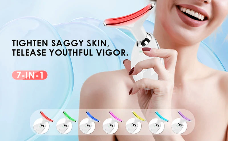 Appareil de beauté à LED 7 couleurs pour lifting du visage, rajeunissement de la peau du cou, masseur minceur, lifting, raffermissement, suppression des rides du visage