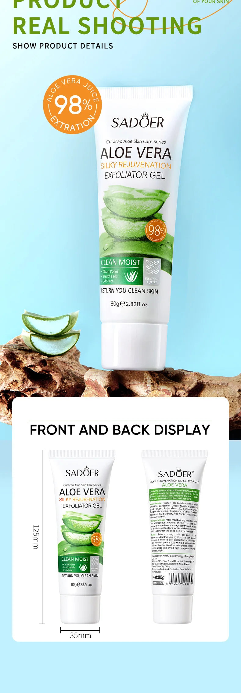 Gel exfoliant visage SADOER à l’Aloe Vera – Doux et purifiant, parfait pour les ados